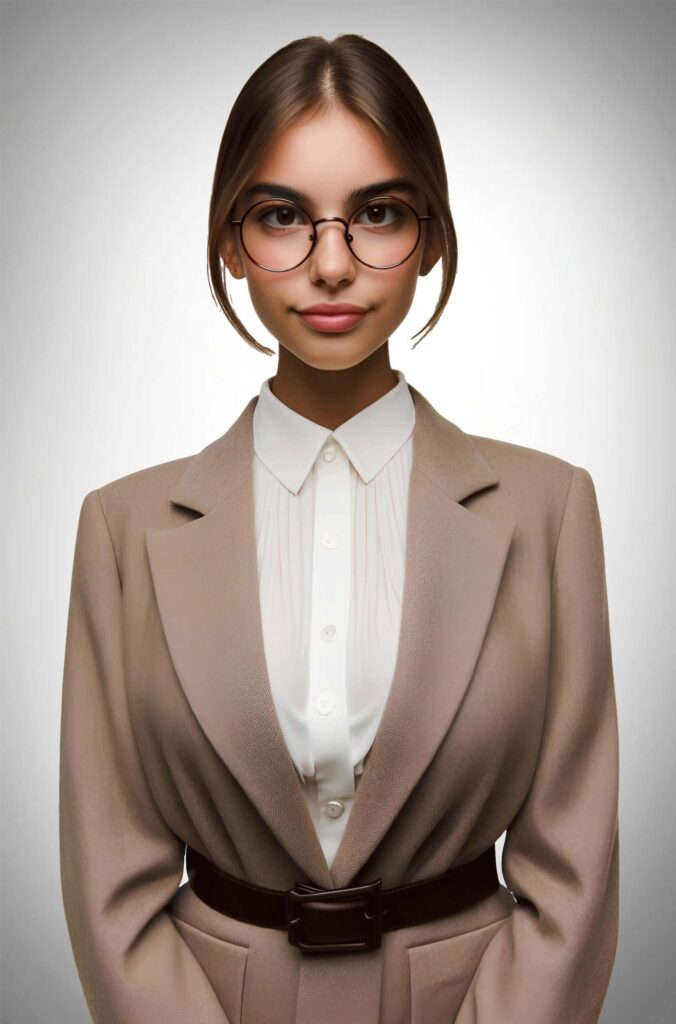 Femme élégante portant des lunettes rondes en plein air, illustrant le style tendance et raffiné