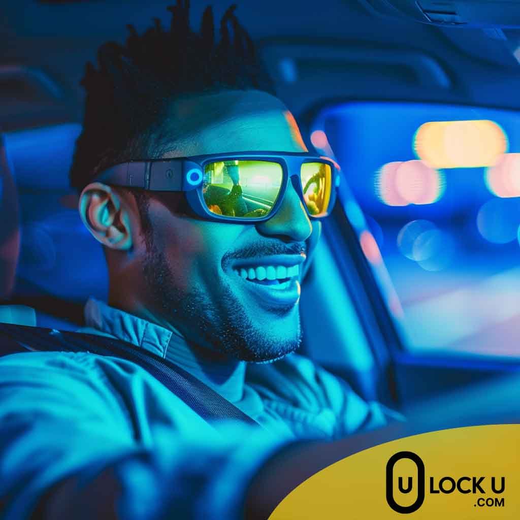 Homme portant des lunettes de conduite de nuit pour réduire l’éblouissement sur la route