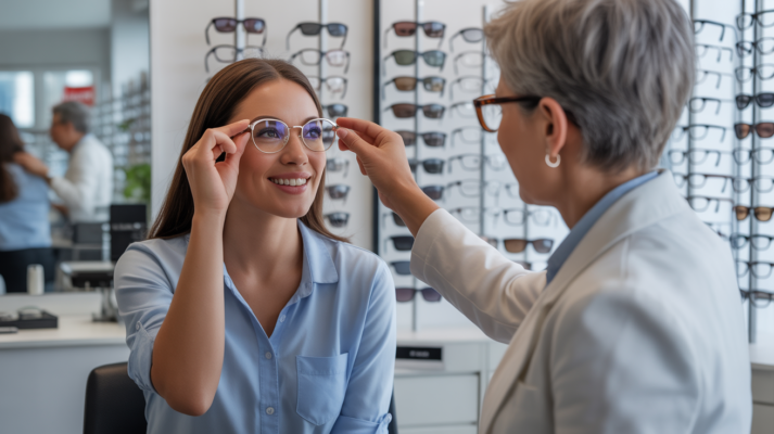 Femme souriante essayant des lunettes chez un opticien, conseillée par un professionnel dans un cadre lumineux et réaliste.