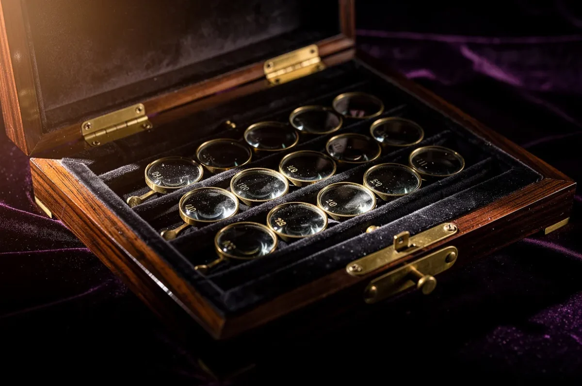 Le coffret de verres d'essai ouvert, disques sertis dans le velours