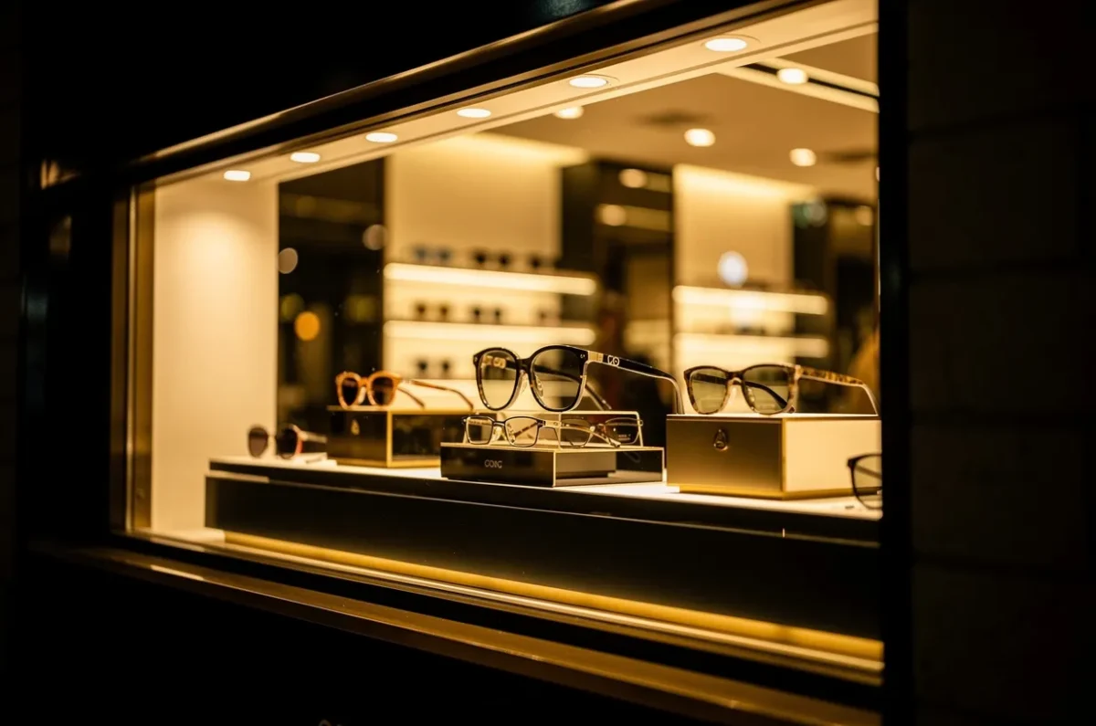 Une devanture de magasin d'optique éclairée, la nuit