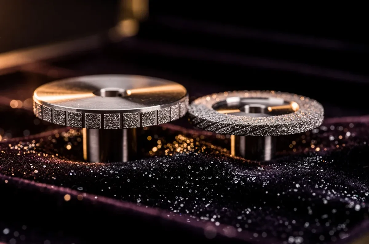 Un gabarit de taille et une meule diamantée de meuleuse d'optique