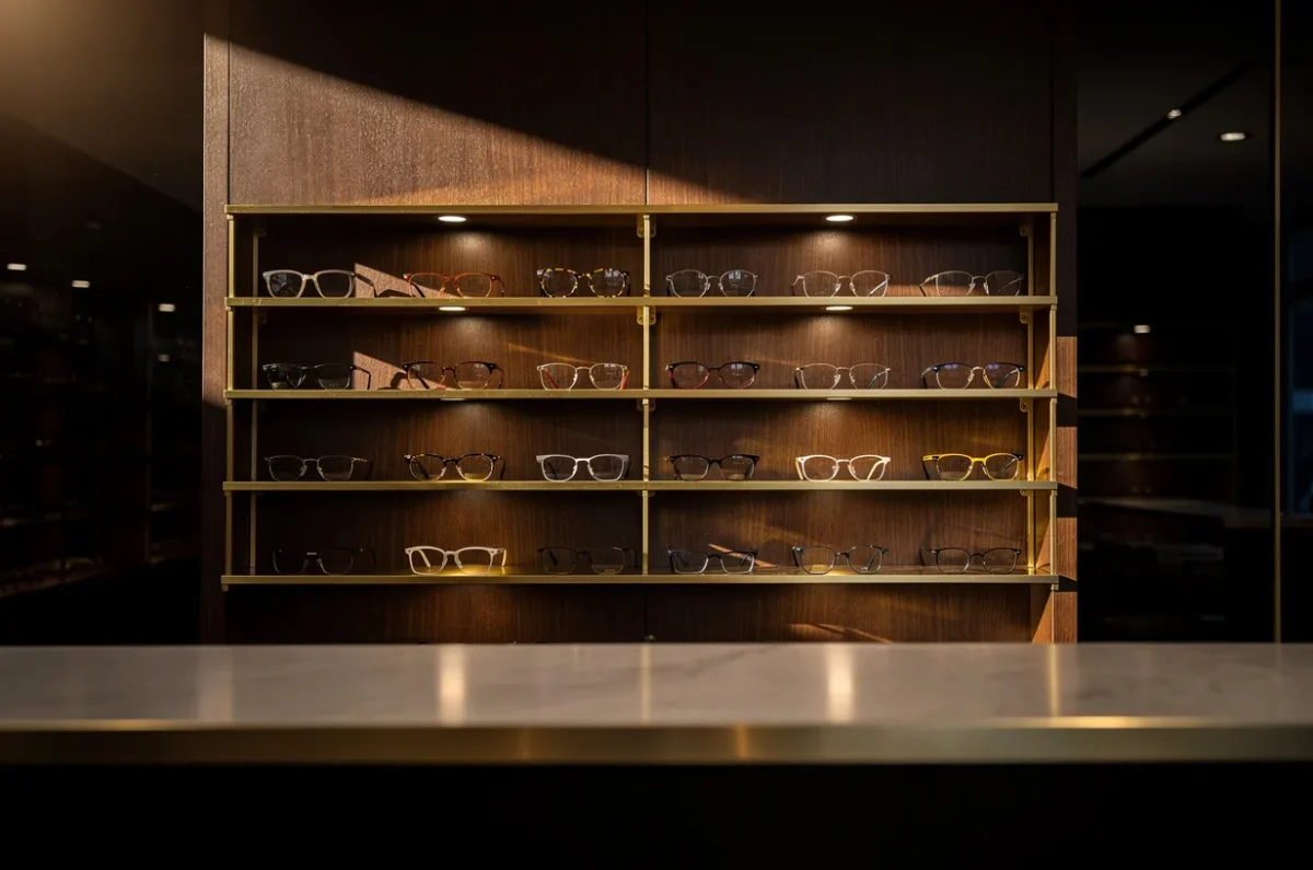 L'intérieur d'un magasin d'optique, présentoirs de montures éclairés un à un