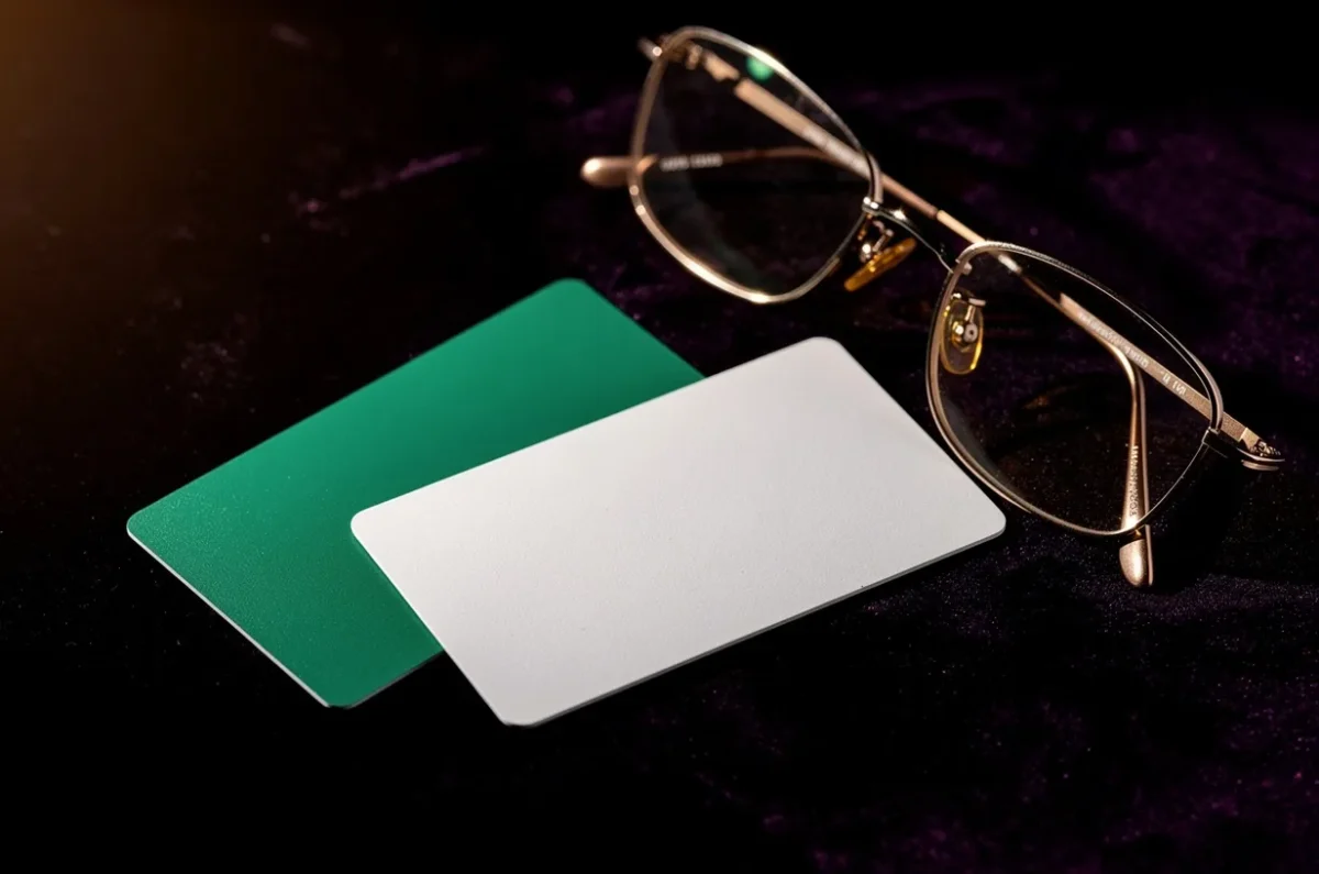 Une carte d'assurance maladie et une carte de mutuelle près d'une paire de lunettes
